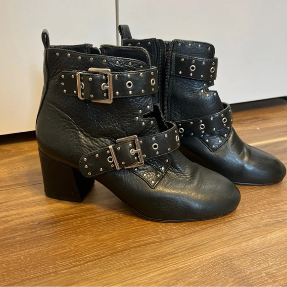 Rebecca Minkoff Ankle Boots 7m Black Leather Buckle Studded Biker Moto - Picture 1 of 10